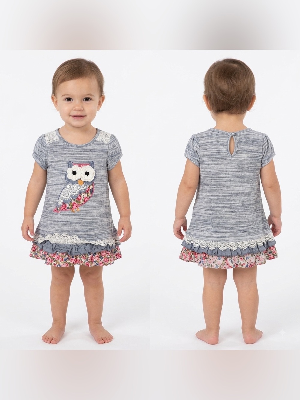 Rare Editions 24M Space Dye Owl Appliqué Ruffle Tunic Top